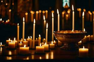 bougies sont allumé dans une église avec bougies. généré par ai photo