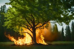 une arbre est brûlant dans le milieu de une champ. généré par ai photo