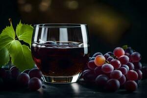 une verre de du vin et les raisins sur une foncé tableau. généré par ai photo