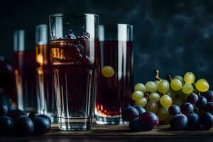 les raisins et du vin sur une foncé Contexte. généré par ai photo