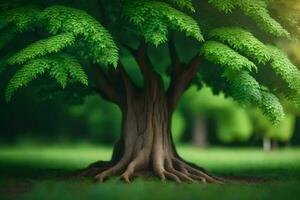 une arbre avec les racines dans le herbe. généré par ai photo