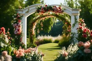 une mariage arcade avec fleurs et verdure. généré par ai photo