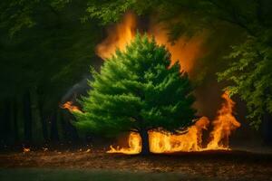 une arbre est brûlant dans le les bois. généré par ai photo