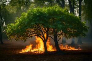 une arbre est brûlant dans le forêt. généré par ai photo