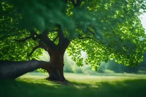 une arbre est montré dans le milieu de une champ. généré par ai photo