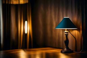 une lampe sur une table dans de face de une rideau. généré par ai photo