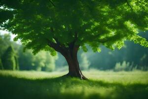 une arbre dans le milieu de une vert champ. généré par ai photo