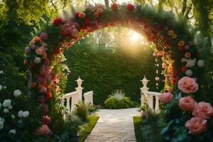 une passerelle avec fleurs et arcade de premier plan à une jardin. généré par ai photo