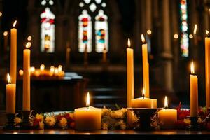 bougies sont allumé dans de face de une église autel. généré par ai photo