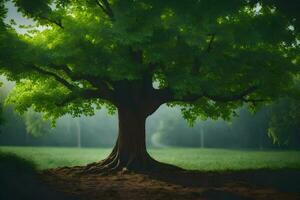 une arbre est montré dans le milieu de une champ. généré par ai photo