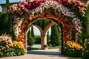 une fleur arcade est décoré avec fleurs. généré par ai photo