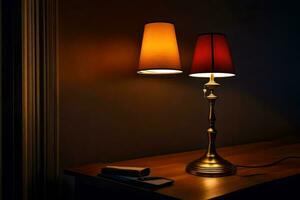 une lampe sur une table avec une téléphone et une lampe. généré par ai photo