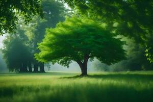 une arbre dans le milieu de une vert champ. généré par ai photo