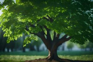 une arbre est montré dans une champ avec vert feuilles. généré par ai photo