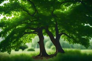 deux des arbres dans le milieu de une vert champ. généré par ai photo