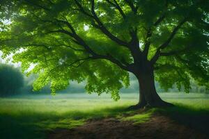 une arbre dans le milieu de une champ. généré par ai photo