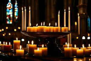 bougies sont allumé dans une église avec bougies. généré par ai photo