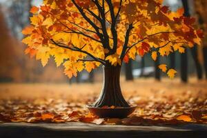 une petit arbre est séance sur le sol dans le automne. généré par ai photo