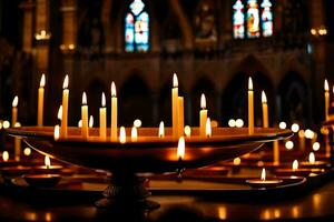 bougies sont allumé dans une église avec coloré verre les fenêtres. généré par ai photo