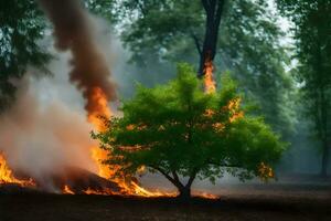 une arbre est brûlant dans le forêt. généré par ai photo