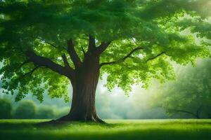 une grand arbre dans le milieu de une vert champ. généré par ai photo