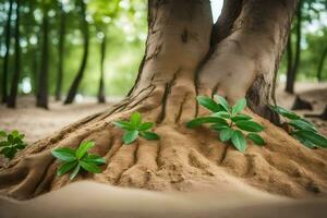 une arbre avec les racines croissance en dehors de le sable. généré par ai photo