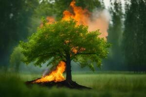 une arbre est brûlant dans le milieu de une champ. généré par ai photo