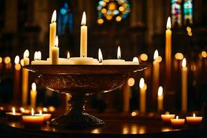 bougies sont allumé dans une église avec bougies. généré par ai photo