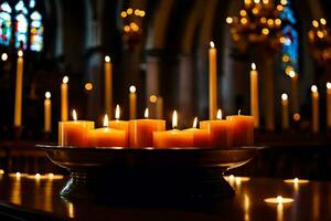 bougies sont allumé dans une église avec bougies. généré par ai photo