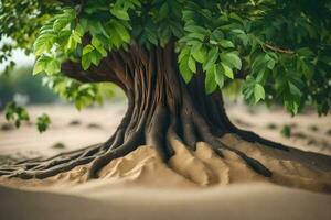 une arbre avec les racines dans le sable. généré par ai photo