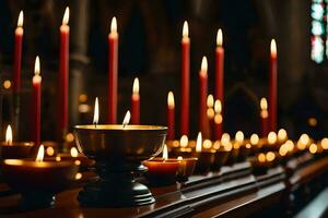 beaucoup bougies sont allumé dans une église. généré par ai photo