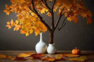 l'automne feuilles et une citrouille dans une vase. généré par ai photo