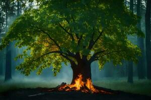 une arbre avec flammes à venir en dehors de il dans le milieu de une forêt. généré par ai photo