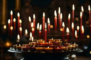 bougies dans une église avec bougies allumé. généré par ai photo