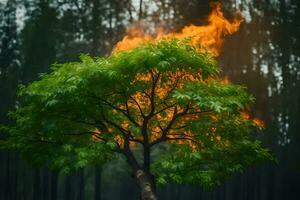 une arbre avec flammes à venir en dehors de il dans le milieu de une forêt. généré par ai photo