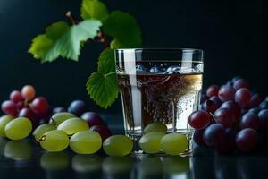 une verre de l'eau avec les raisins et feuilles. généré par ai photo