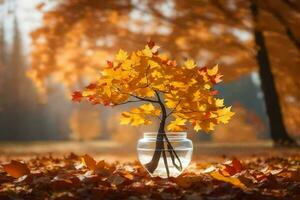 l'automne feuilles dans une vase sur le sol. généré par ai photo