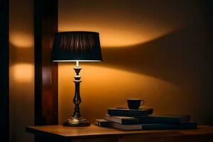 une lampe sur une table suivant à une livre. généré par ai photo