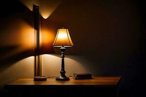 une lampe sur une table dans le sombre. généré par ai photo