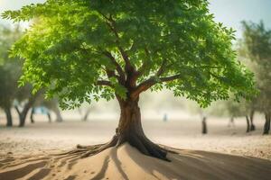 une arbre dans le désert avec le sable et des arbres. généré par ai photo