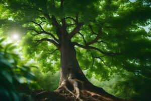 une grand arbre avec les racines dans le sol. généré par ai photo