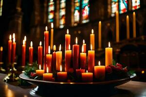 beaucoup bougies sont allumé dans de face de une église. généré par ai photo