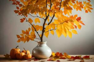 l'automne feuilles et citrouilles dans une vase. généré par ai photo