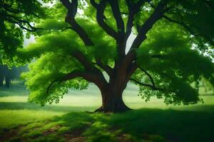 une grand arbre dans le milieu de une champ. généré par ai photo