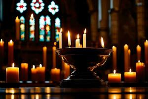 bougies sont allumé dans une église avec bougies dans le Contexte. généré par ai photo