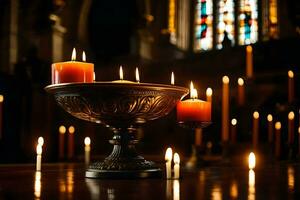 bougies dans une église avec bougies allumé. généré par ai photo