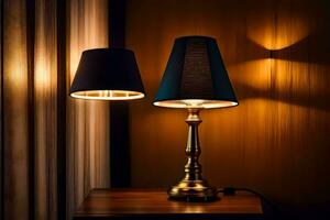 deux les lampes sur une table suivant à une lampe ombre. généré par ai photo