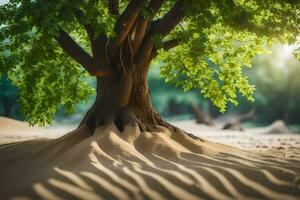 une arbre avec les racines dans le sable. généré par ai photo