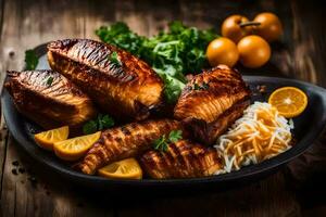 grillé Saumon avec riz et des légumes sur une noir plaque. généré par ai photo