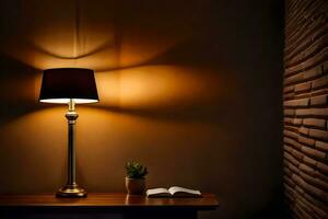 une lampe sur une table dans de face de une brique mur. généré par ai photo